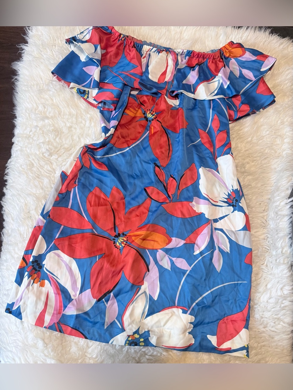 London Times Blue Red Floral Off-Shoulder Mini Dress
